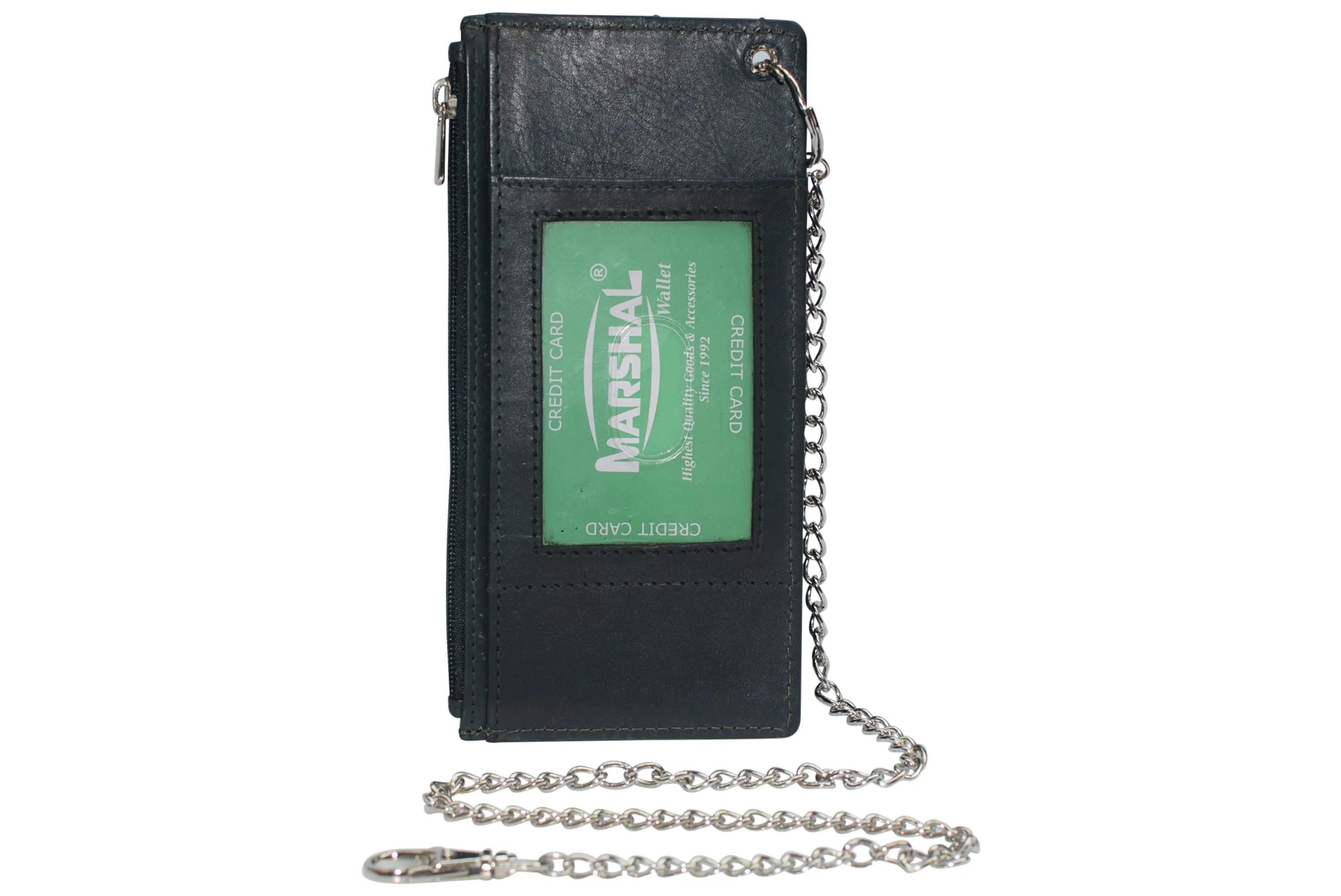 Women's Card Case Holder Slim Wallet with Chain & Card Protection Strap Genuine Leather