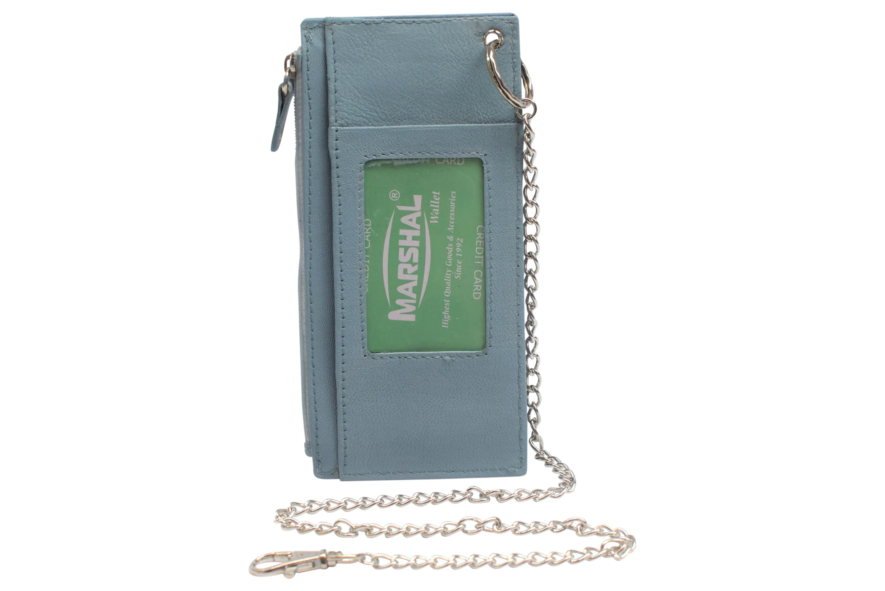 Women's Card Case Holder Slim Wallet with Chain & Card Protection Strap Genuine Leather