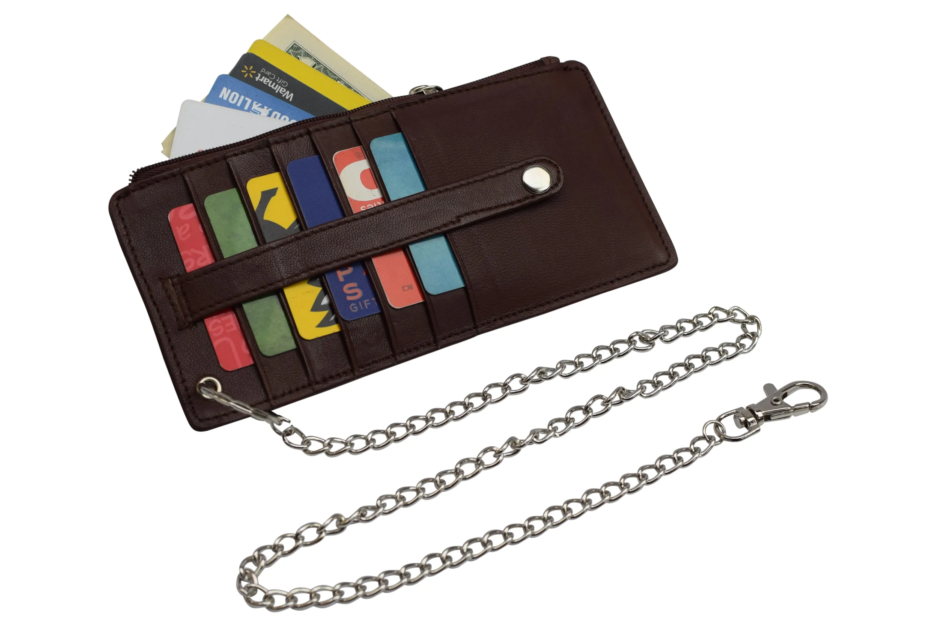 Women's Card Case Holder Slim Wallet with Chain & Card Protection Strap Genuine Leather