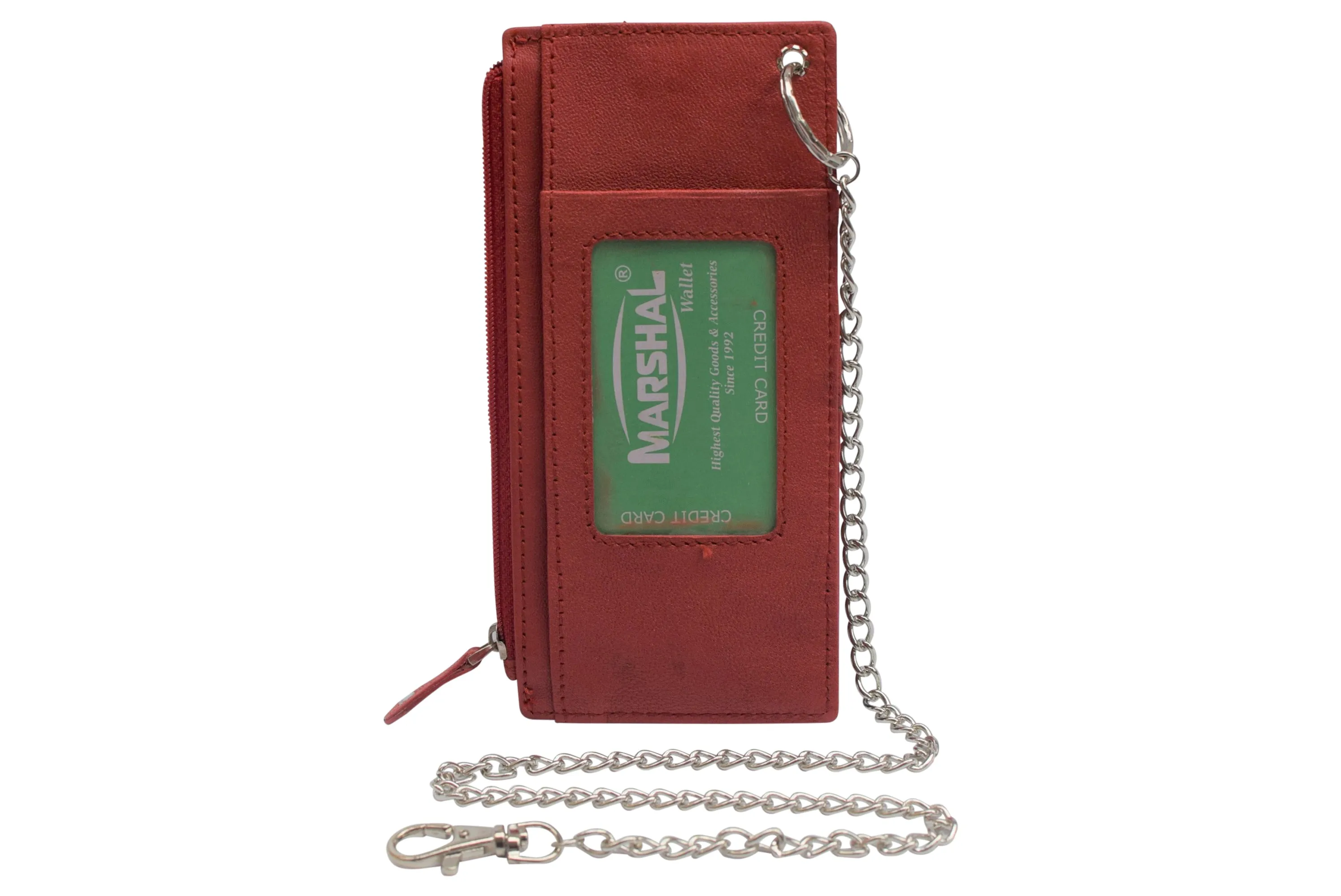 Women's Card Case Holder Slim Wallet with Chain & Card Protection Strap Genuine Leather