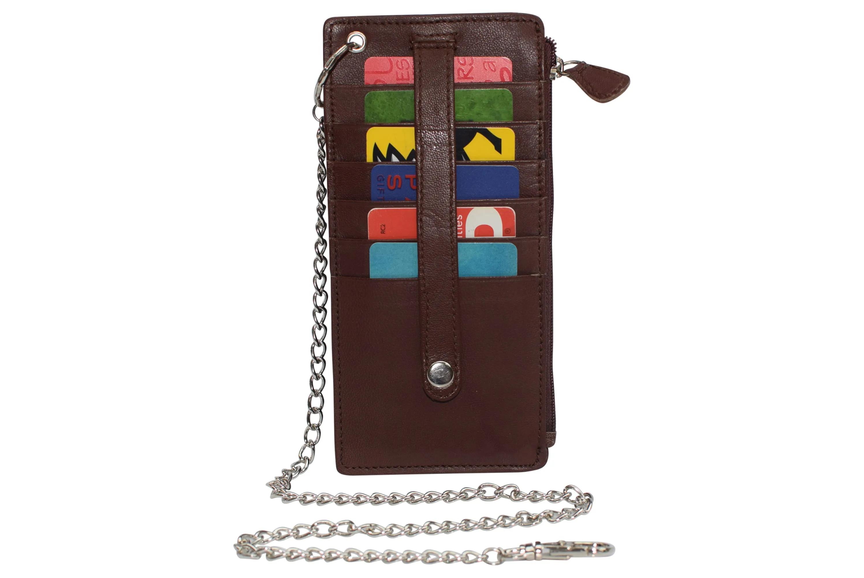 Women's Card Case Holder Slim Wallet with Chain & Card Protection Strap Genuine Leather