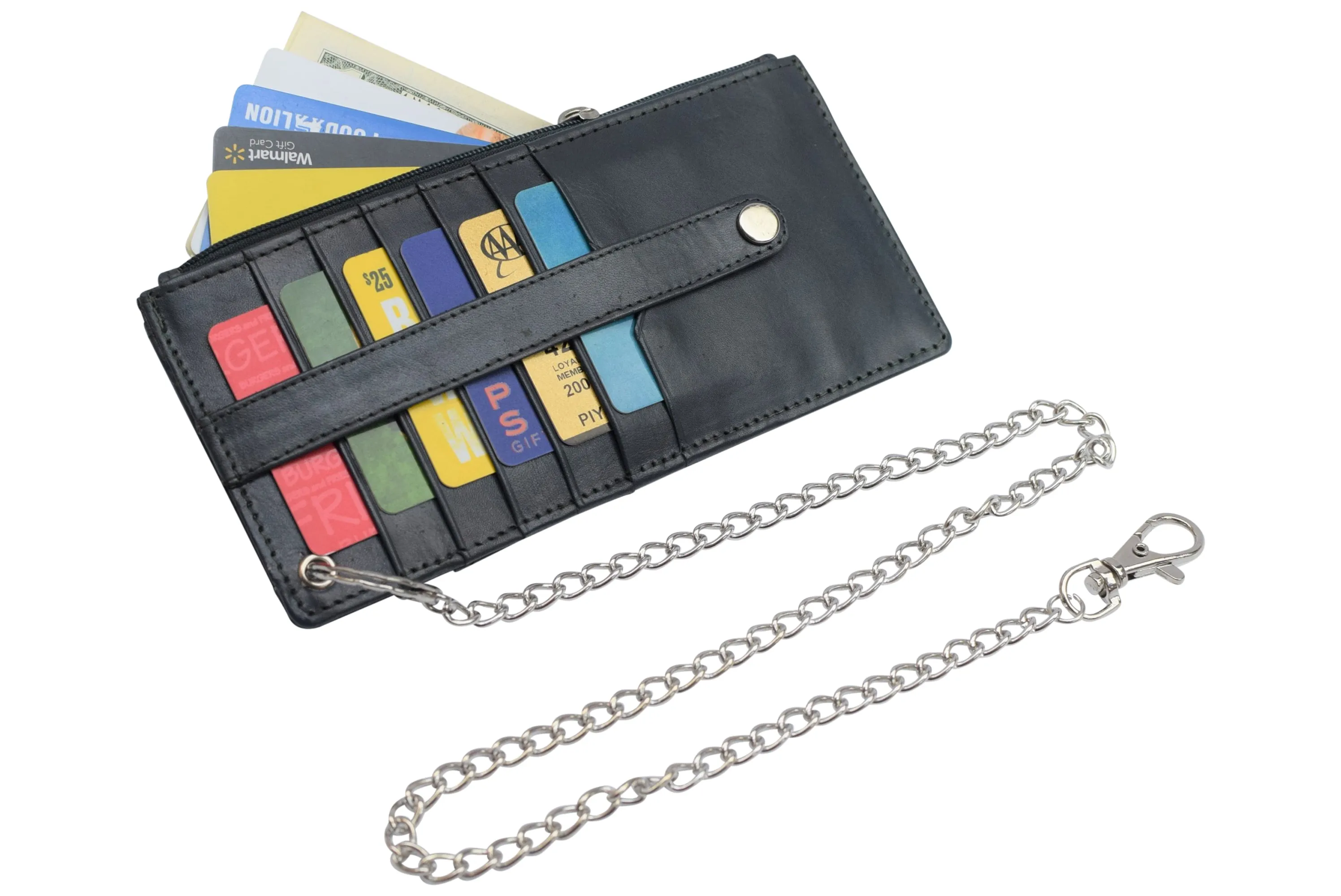 Women's Card Case Holder Slim Wallet with Chain & Card Protection Strap Genuine Leather