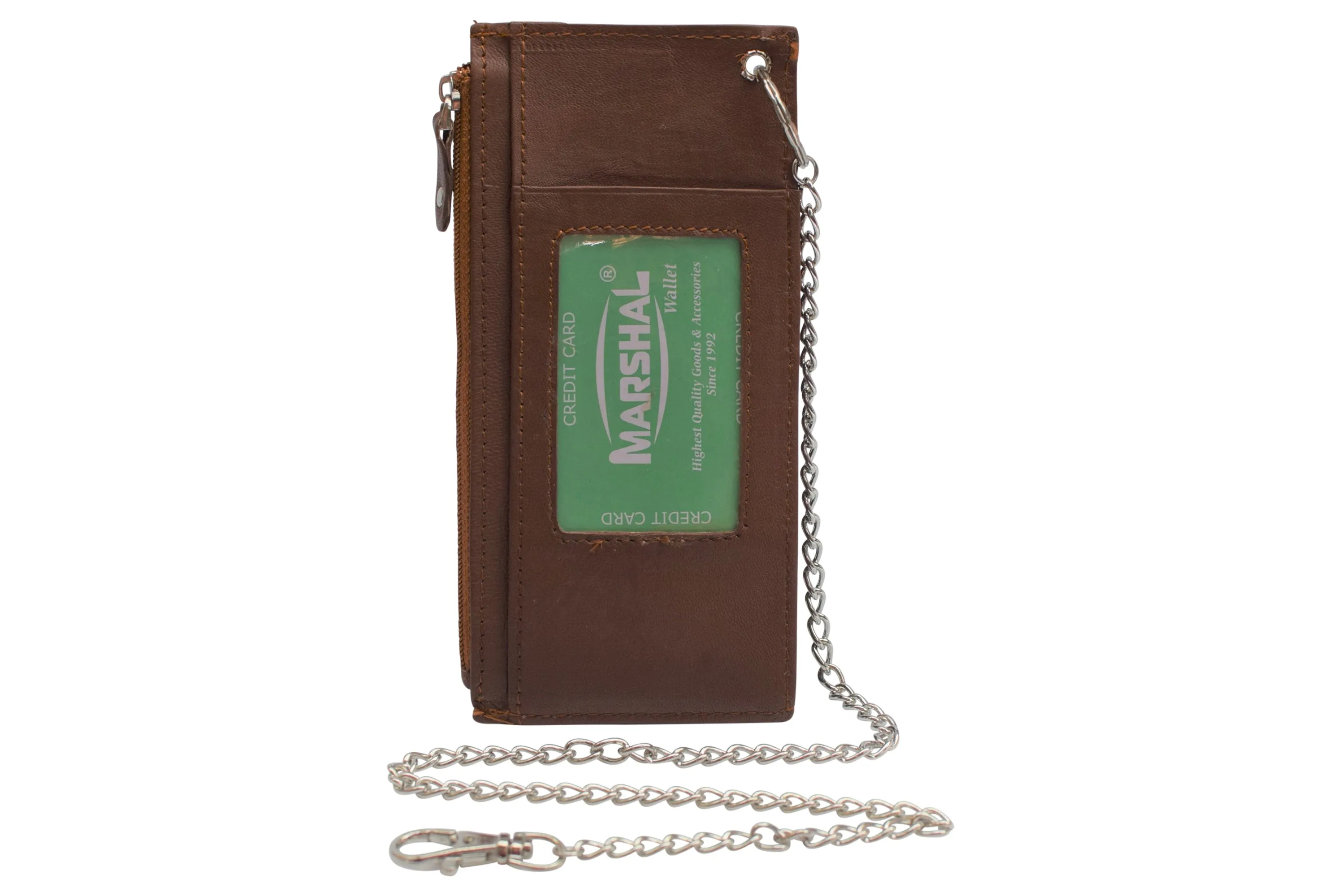 Women's Card Case Holder Slim Wallet with Chain & Card Protection Strap Genuine Leather