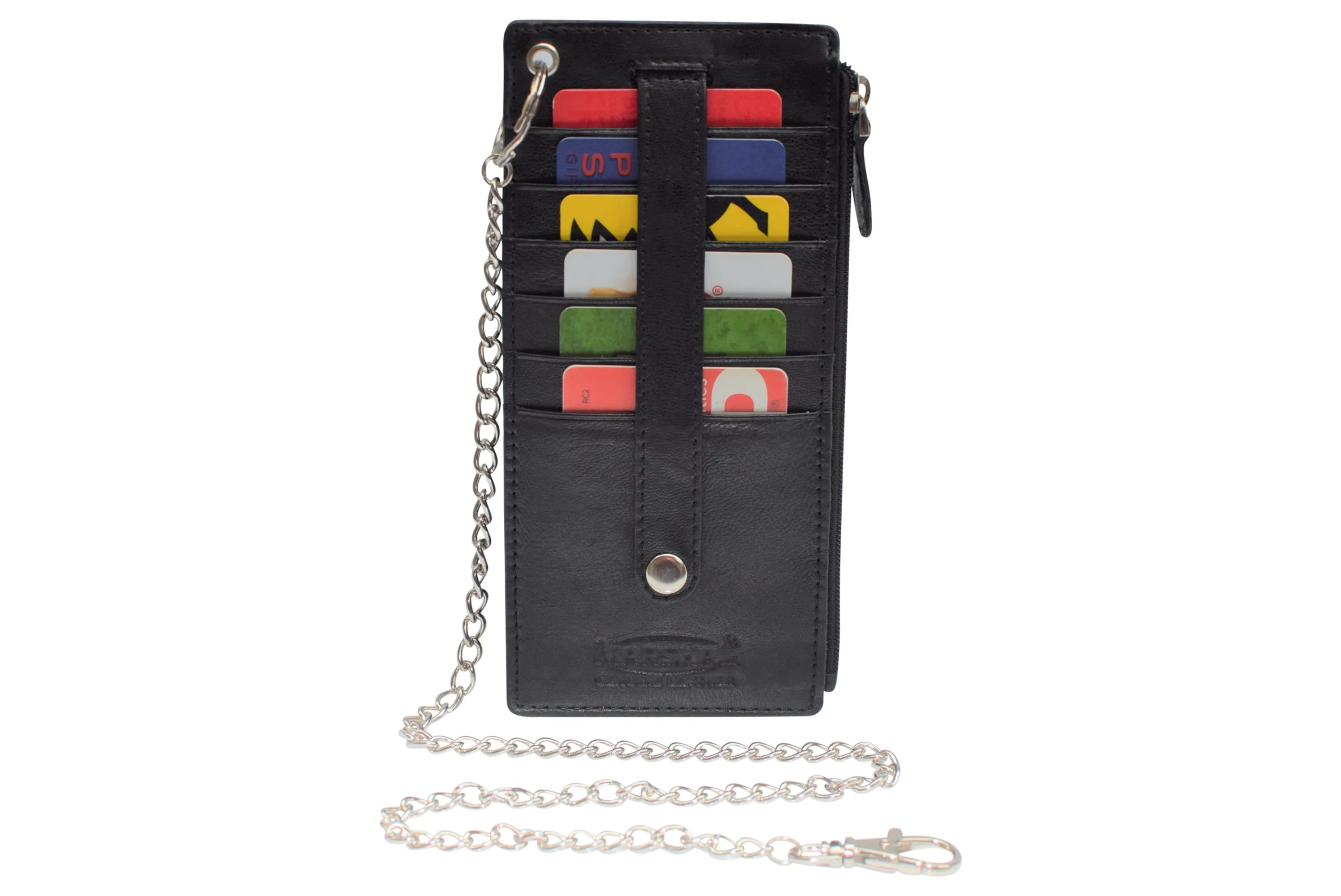 Women's Card Case Holder Slim Wallet with Chain & Card Protection Strap Genuine Leather