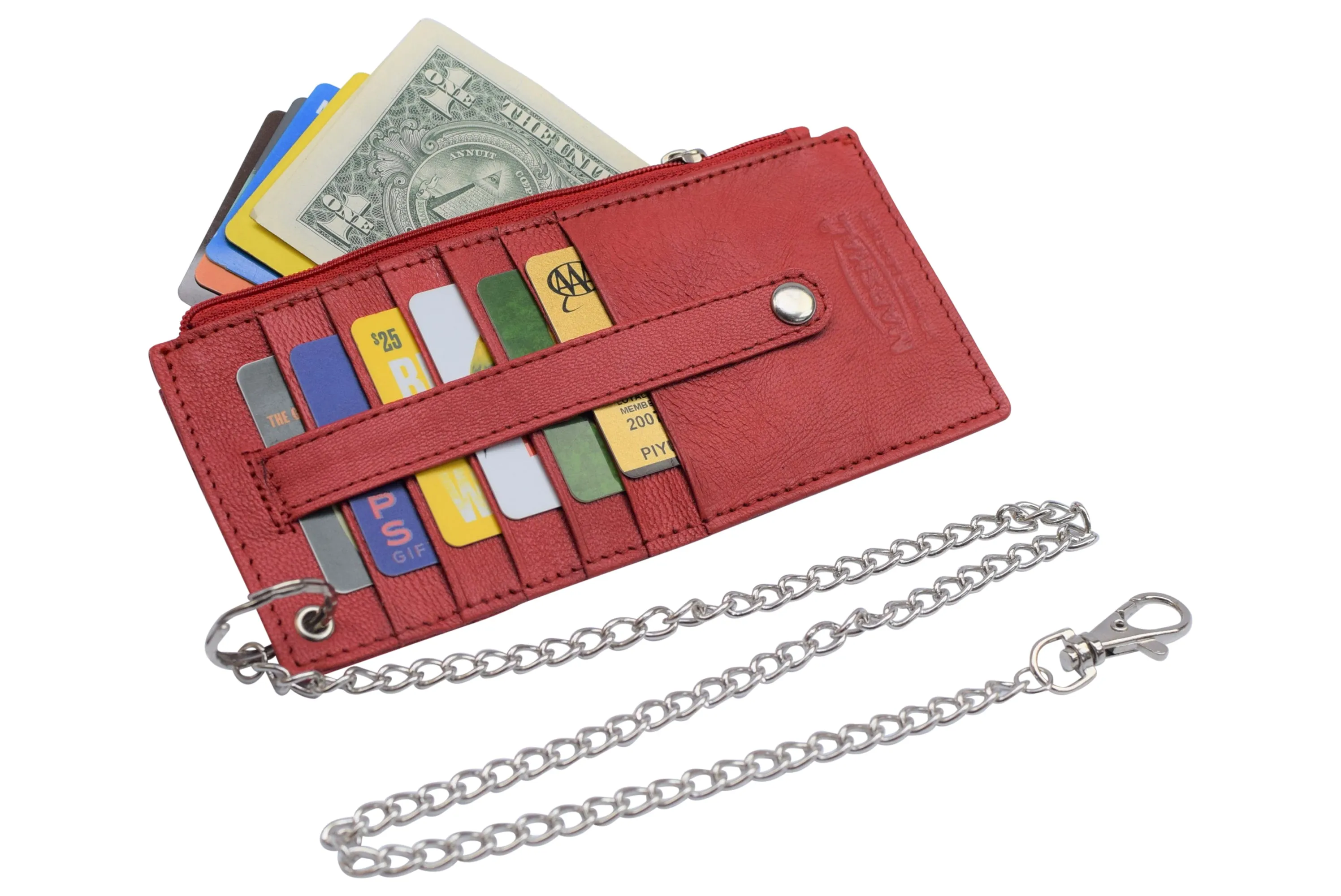 Women's Card Case Holder Slim Wallet with Chain & Card Protection Strap Genuine Leather