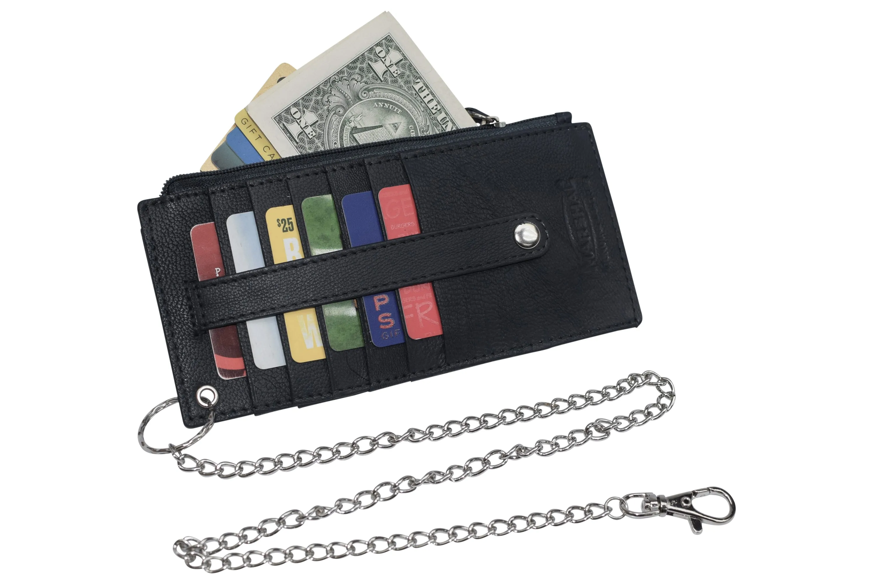 Women's Card Case Holder Slim Wallet with Chain & Card Protection Strap Genuine Leather