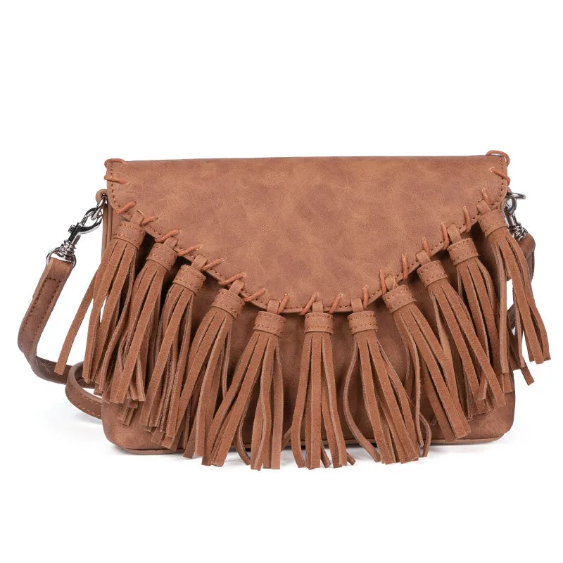 Womens PU Leather Fringe Crossbody Bags Purse Boho Shoulder Purses for Women