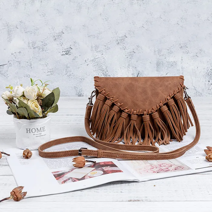 Womens PU Leather Fringe Crossbody Bags Purse Boho Shoulder Purses for Women