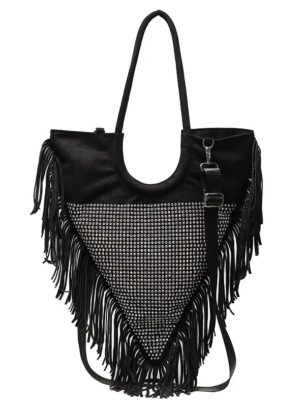 Women's Rhinestone Decor Fringe Trim Shoulder Bag