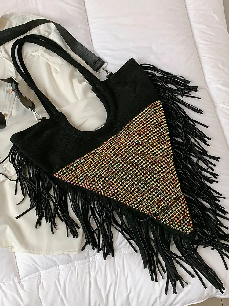 Women's Rhinestone Decor Fringe Trim Shoulder Bag