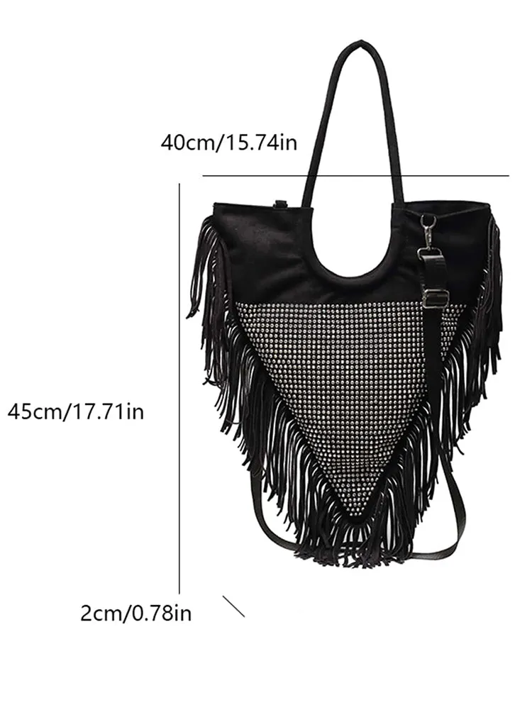 Women's Rhinestone Decor Fringe Trim Shoulder Bag