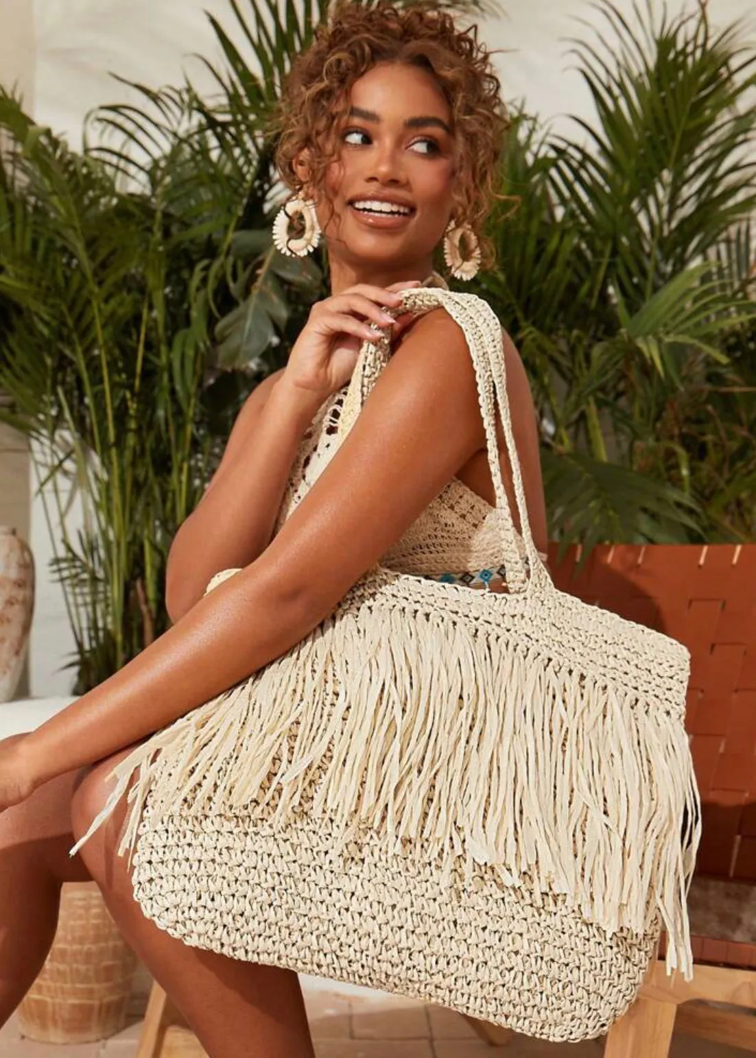 Woven Fringe Shoulder Tote Bag