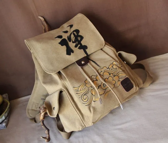 Zen Theme Chinese Style Canvas Backpack Plus Size Laptop Bag