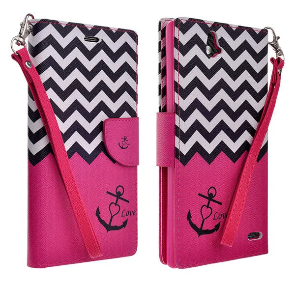 ZTE Grand X Max Case, Wrist Strap Magnetic Flip Fold[Kickstand] Pu Leather Wallet Case with ID & Card Slots - Hot Pink Anchor